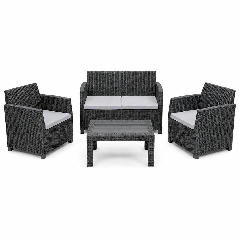  set salotto da giardino esterno effetto rattan antracite 4 pezzi con tavolino e cuscini - foto 1