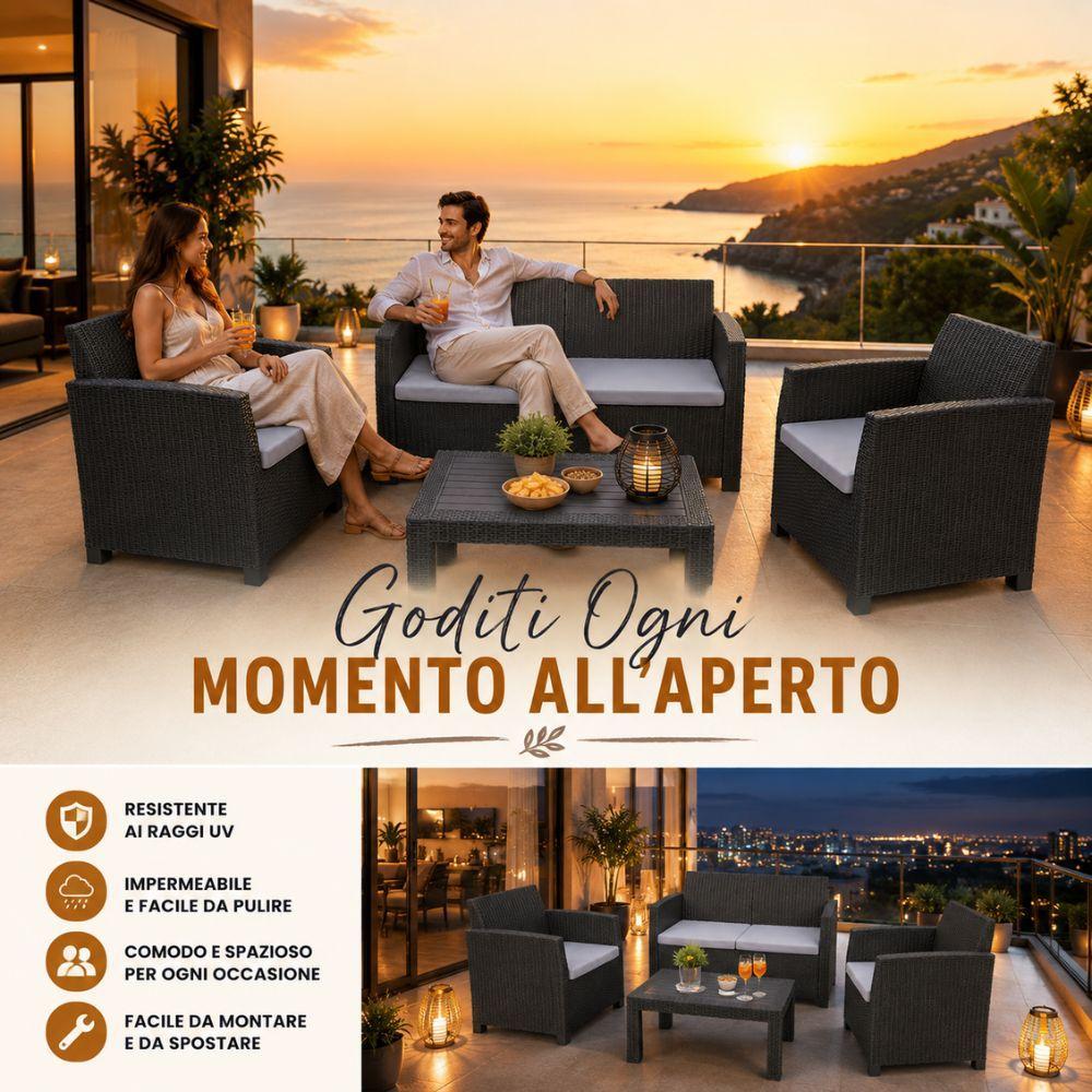  set salotto da giardino esterno effetto rattan antracite 4 pezzi con tavolino e cuscini - foto 2