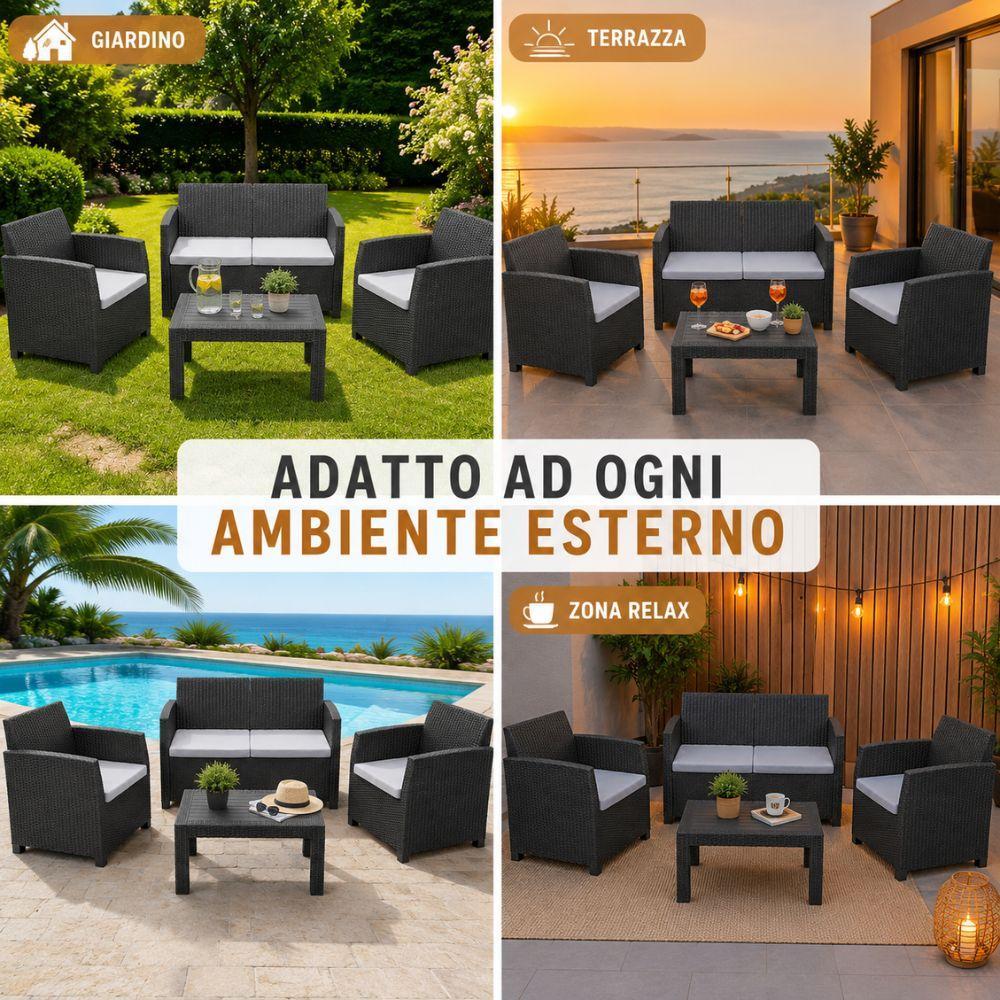  set salotto da giardino esterno effetto rattan antracite 4 pezzi con tavolino e cuscini - foto 4
