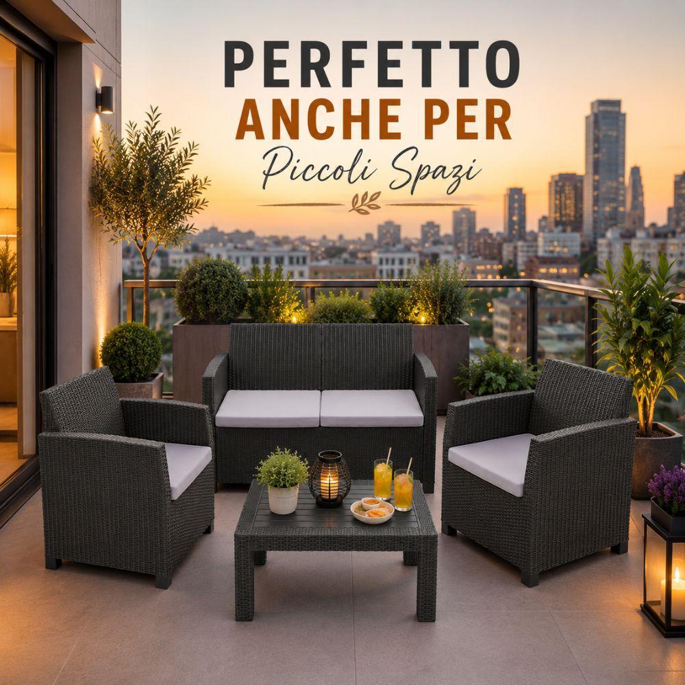  set salotto da giardino esterno effetto rattan antracite 4 pezzi con tavolino e cuscini - foto 5