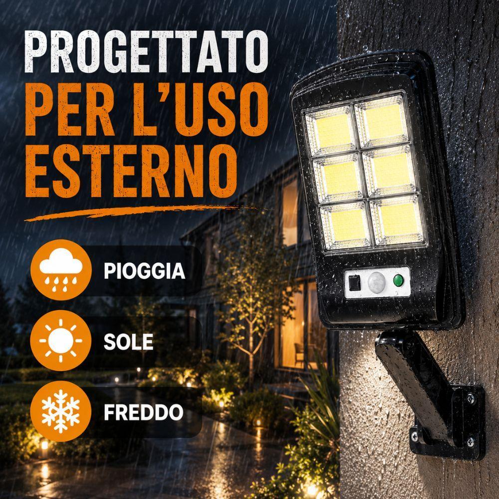 faro led solare da esterno pannello solare con telecomando - foto 3 Faro LED solare montato su muro con icone di resistenza a pioggia, sole e freddo
