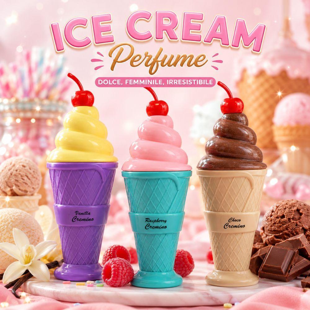 Tre bottiglie profumo gelato con fiori rosa, fragole, biscotti e testo ICE CREAM Perfume