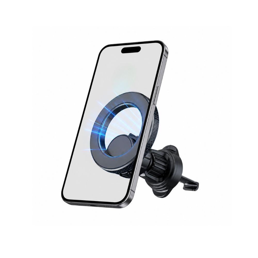 supporto magnetico auto per smartphone universale 360 gradi - foto 1 Supporto magnetico auto con anello blu e pinza nera, smartphone inserito, sfondo bianco