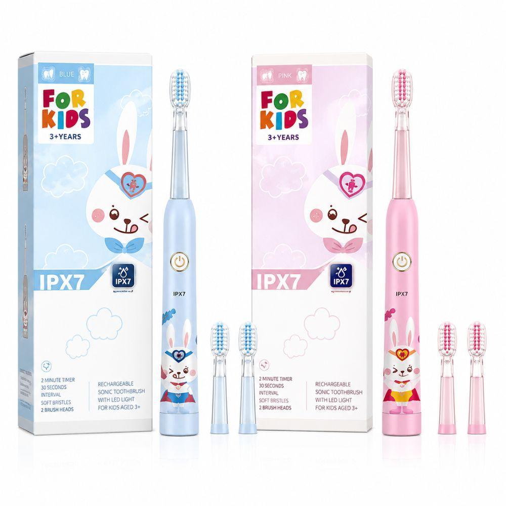 Due spazzolini elettrici ricaricabili per bambini in blu e rosa con relative confezioni