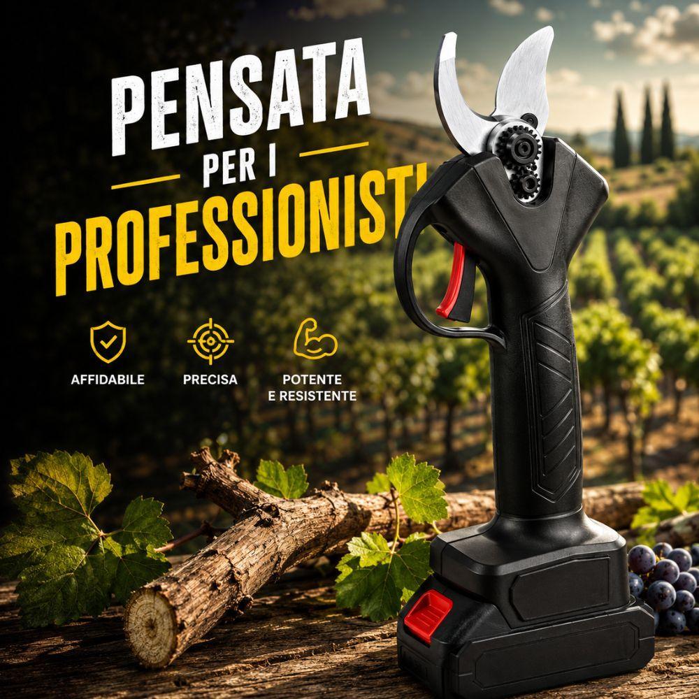 Cesoia professionale a batteria in uso su ramo durante potatura