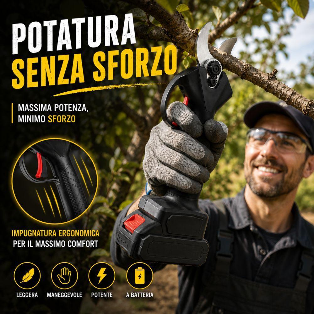 Cesoia elettrica a batteria con dettagli di design e ergonomia