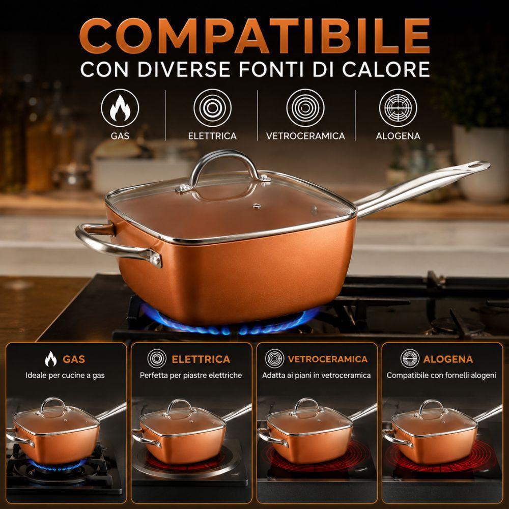  padella quadrata antiaderente 24 cm con coperchio e accessori set 4 pezzi royalty line copper cook - foto 4