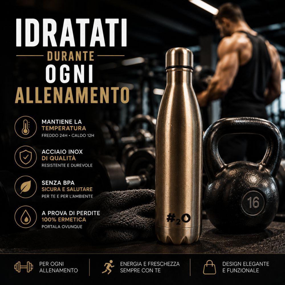 Persona che si allena con borraccia termica in acciaio inox
