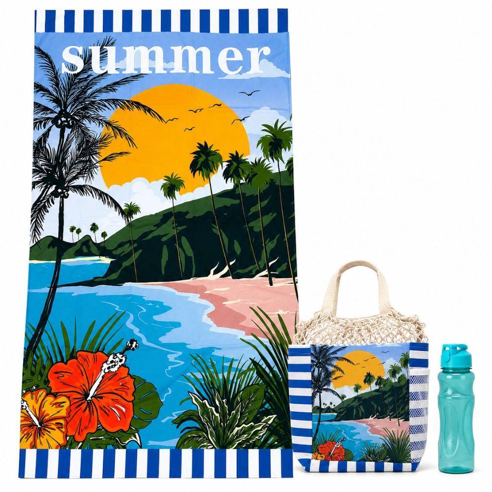 set mare 3 pezzi telo mare maxi borsa porta telo borraccia riutilizzabile - foto 1 set mare 3 pezzi telo mare maxi borsa porta telo borraccia riutilizzabile - foto 1