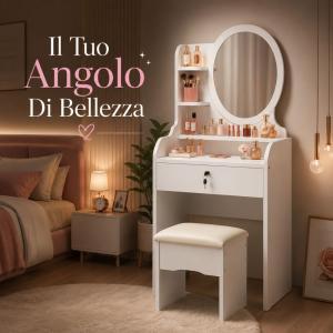 Toeletta vanity con specchio e sgabello  tavolo trucco porta cosmetici