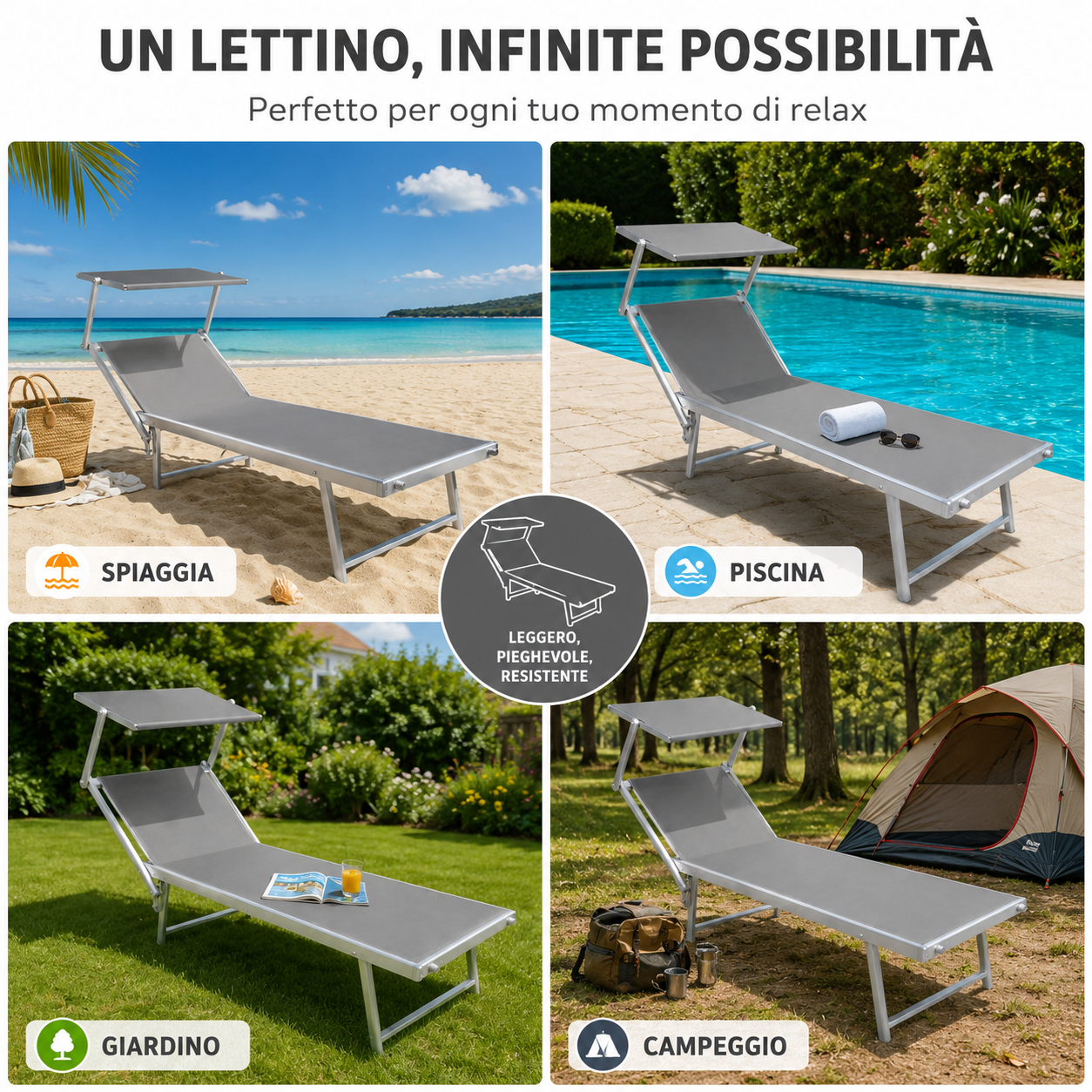  lettino prendisole pieghevole in alluminio con tettuccio parasole regolabile - foto 4