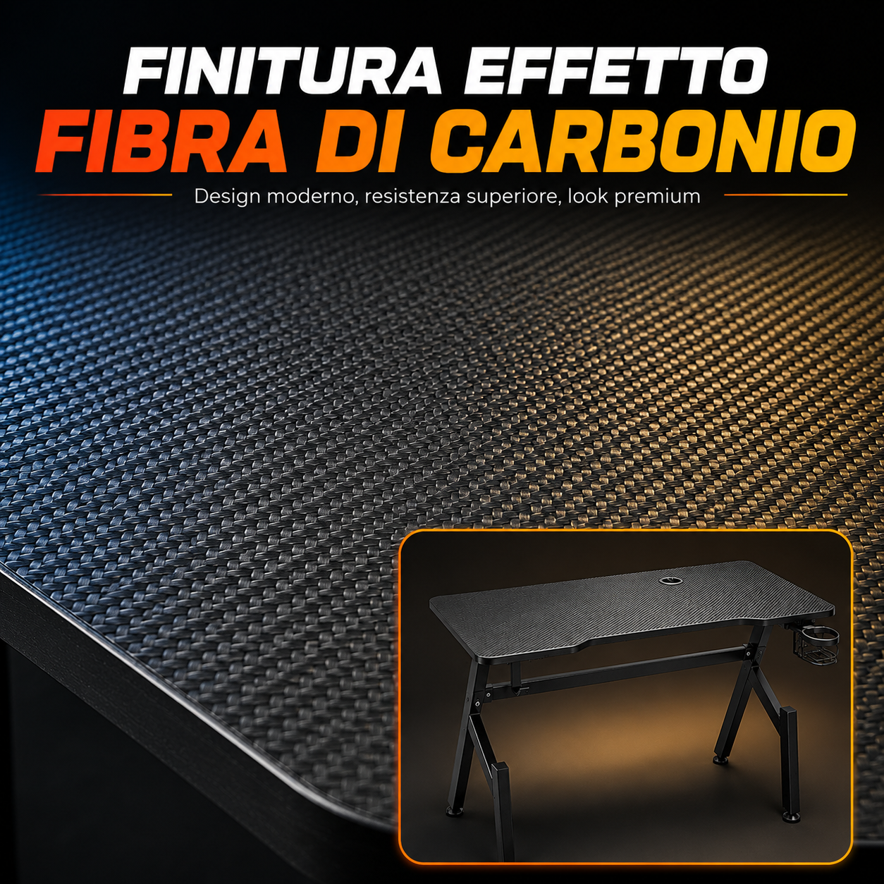 scrivania gaming 80x50x75h cm effetto fibra di carbonio con portabicchiere, gancio cuffie e passacavi - foto 5 scrivania gaming 80x50x75h cm effetto fibra di carbonio con portabicchiere, gancio cuffie e passacavi - foto 5