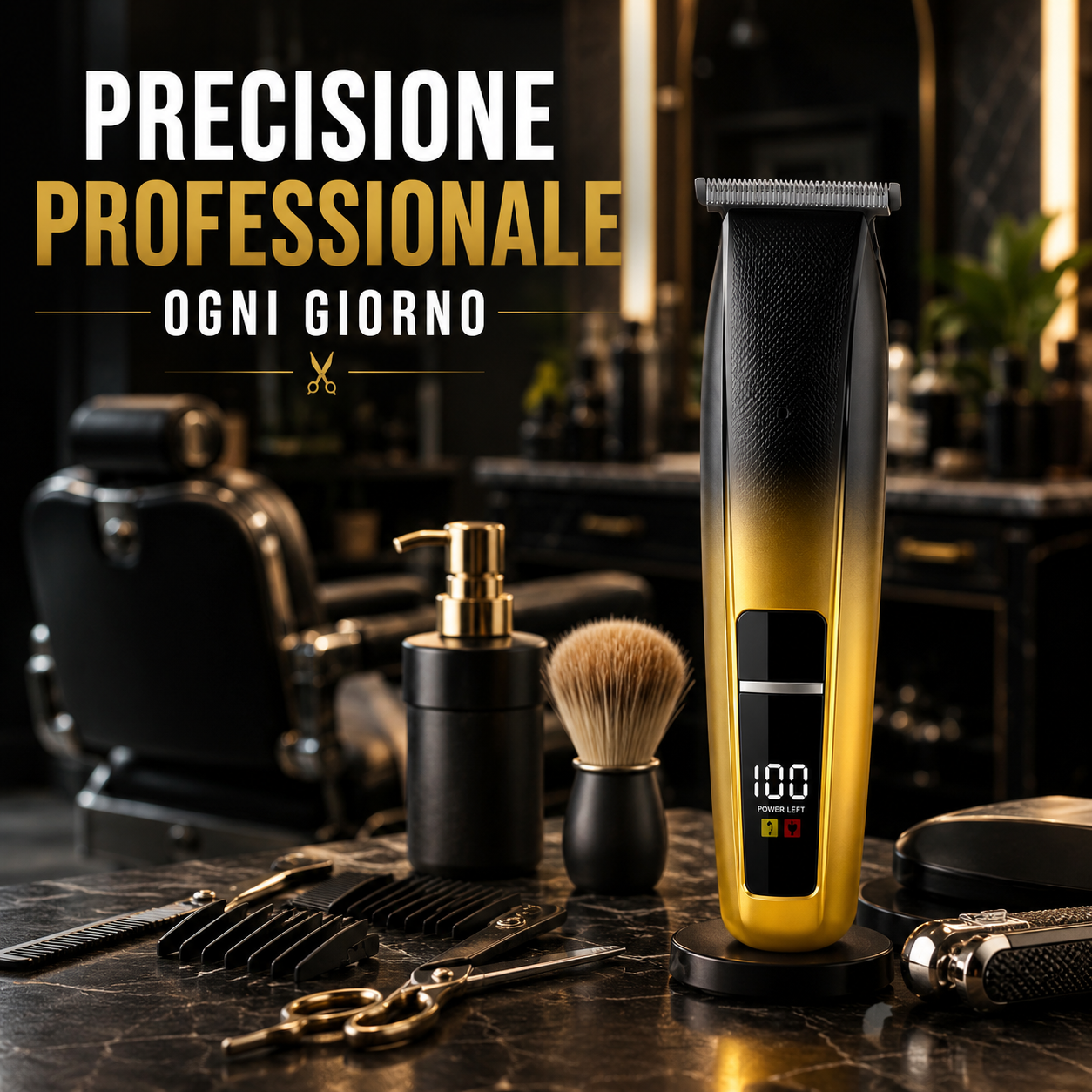 Tagliacapelli con accessori professionali: pennello, spray, pettine in ambientazione barberia