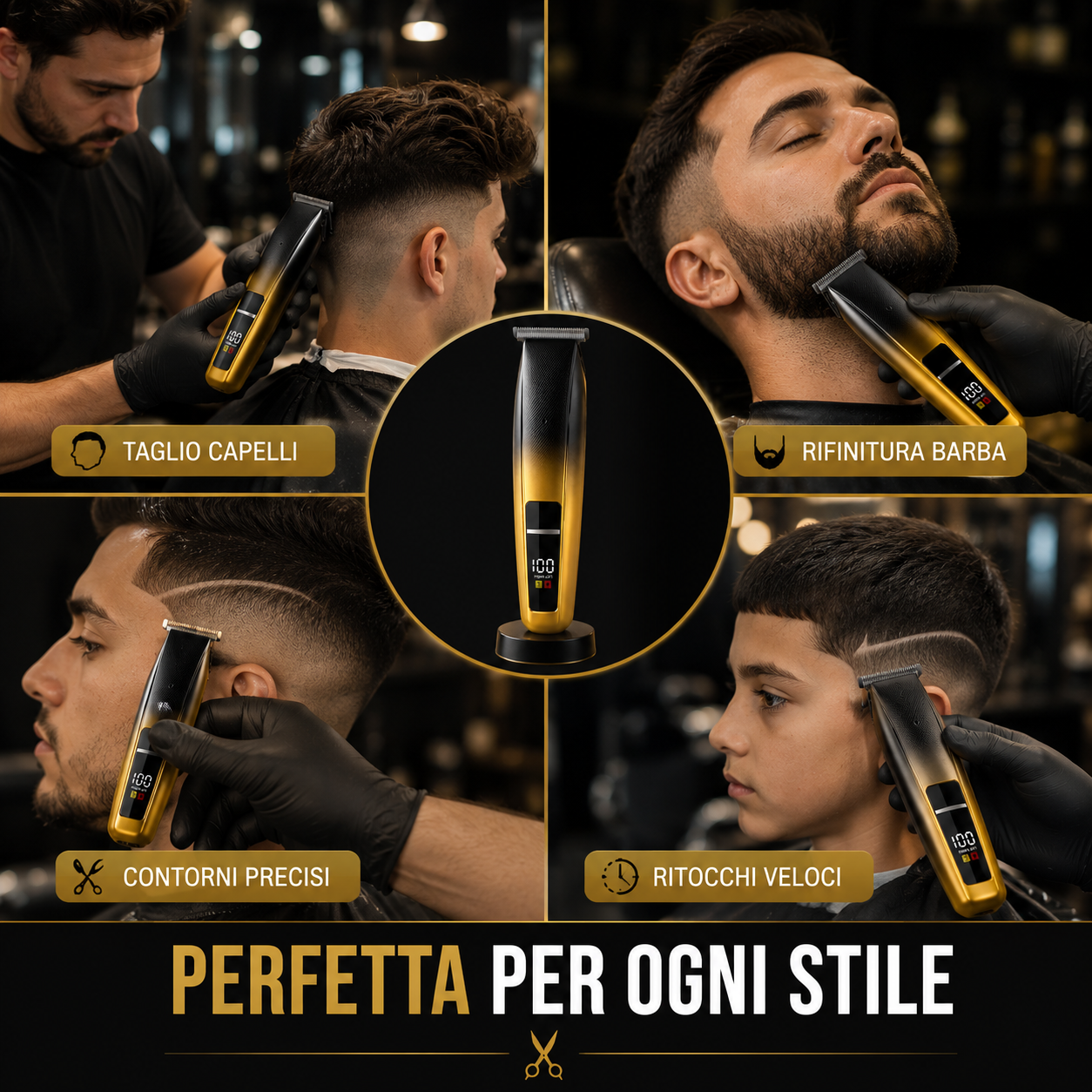 Dettagli di utilizzo: tagli capelli, rifinitura barba, contorni precisi, tagli veloci