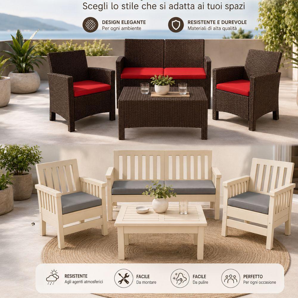  set salotto da giardino esterno 4 pezzi in resina effetto rattan con cuscini - foto 2