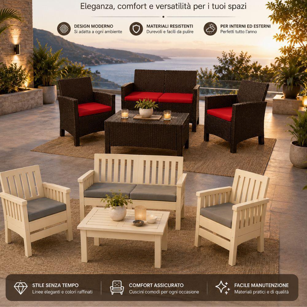  set salotto da giardino esterno 4 pezzi in resina effetto rattan con cuscini - foto 5