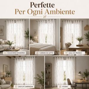 Coppia tende semitrasparenti 140x290 cm con 8 anelli fantasia foglie
