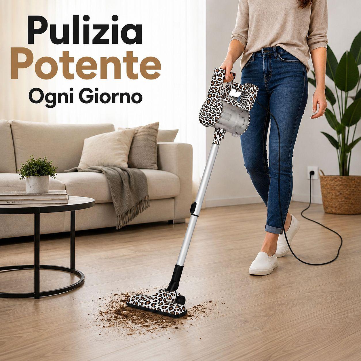 Aspirapolvere in uso su pavimento in salotto con persona che lo utilizza