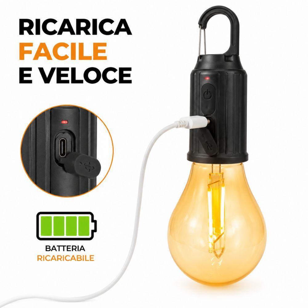 Lampada LED ricaricabile, dettaglio porta USB-C, indicatore batteria e cavo USB