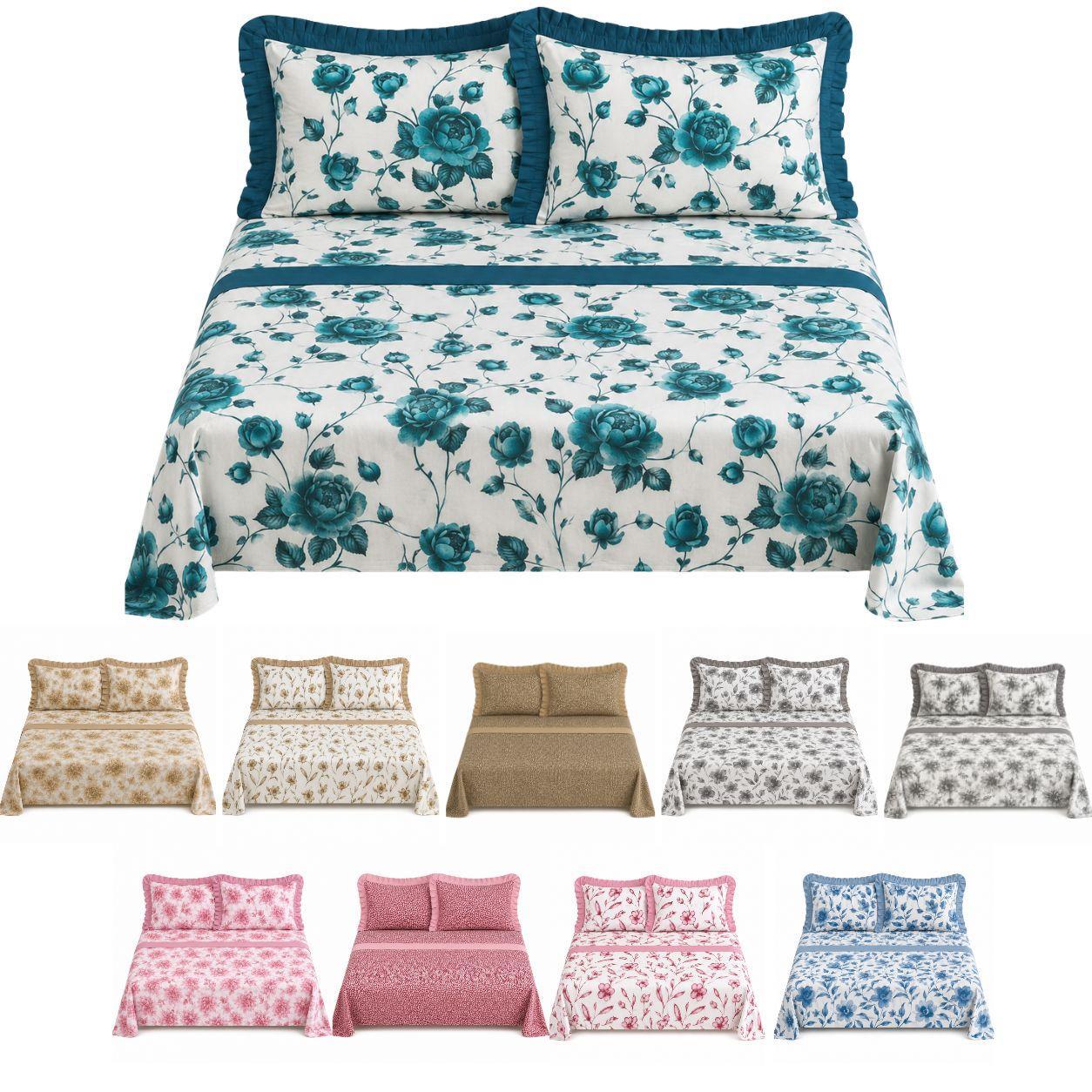 Completo letto matrimoniale azzurro/turchese con federe a balze e varianti di colore