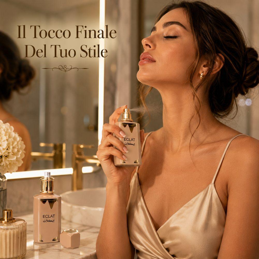 eclat eau de parfum 100 ml raffinatezza quotidiana - foto 2 Donna in bagno applica profumo Eclat con testo 'Il Tocco Finale Del Tuo Stile'