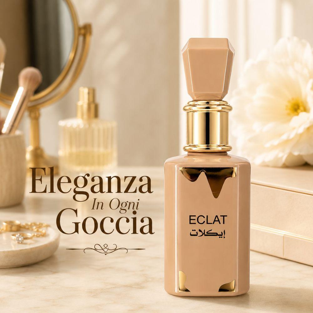 eclat eau de parfum 100 ml raffinatezza quotidiana - foto 3 Flacone Eclat in ambiente elegante da bagno con testo 'Eleganza In Ogni Goccia'