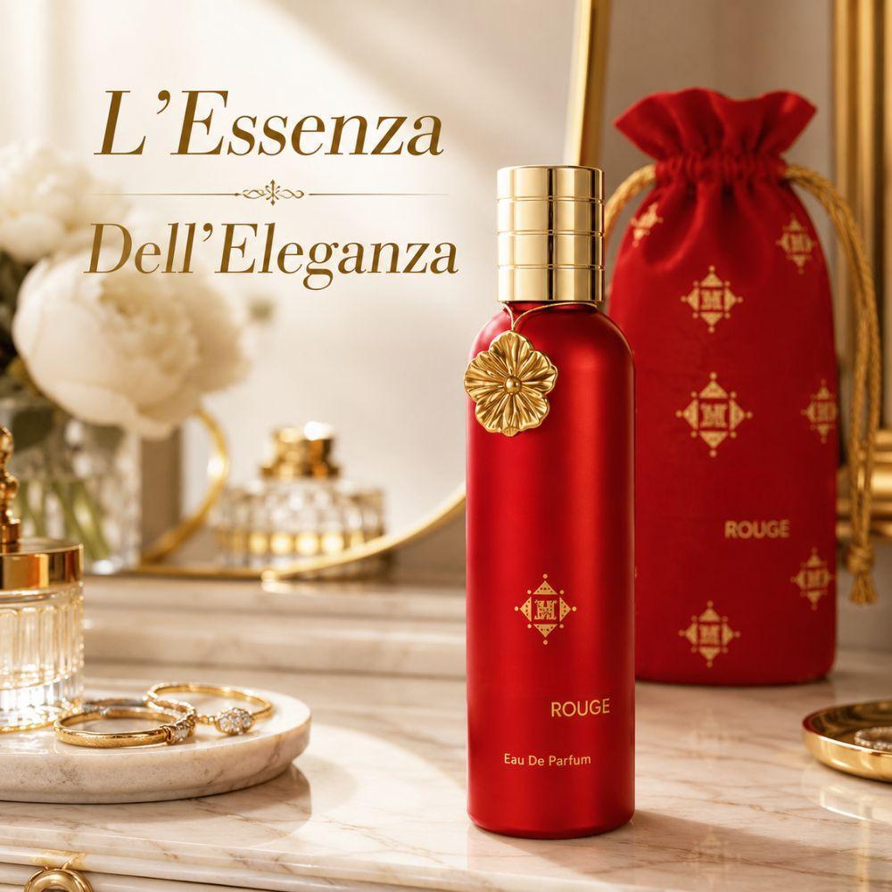 montage eau de parfum 100 ml fragranza elegante con sacchetto incluso - foto 4 Composizione con flacone rosso, sacchetto e fiori