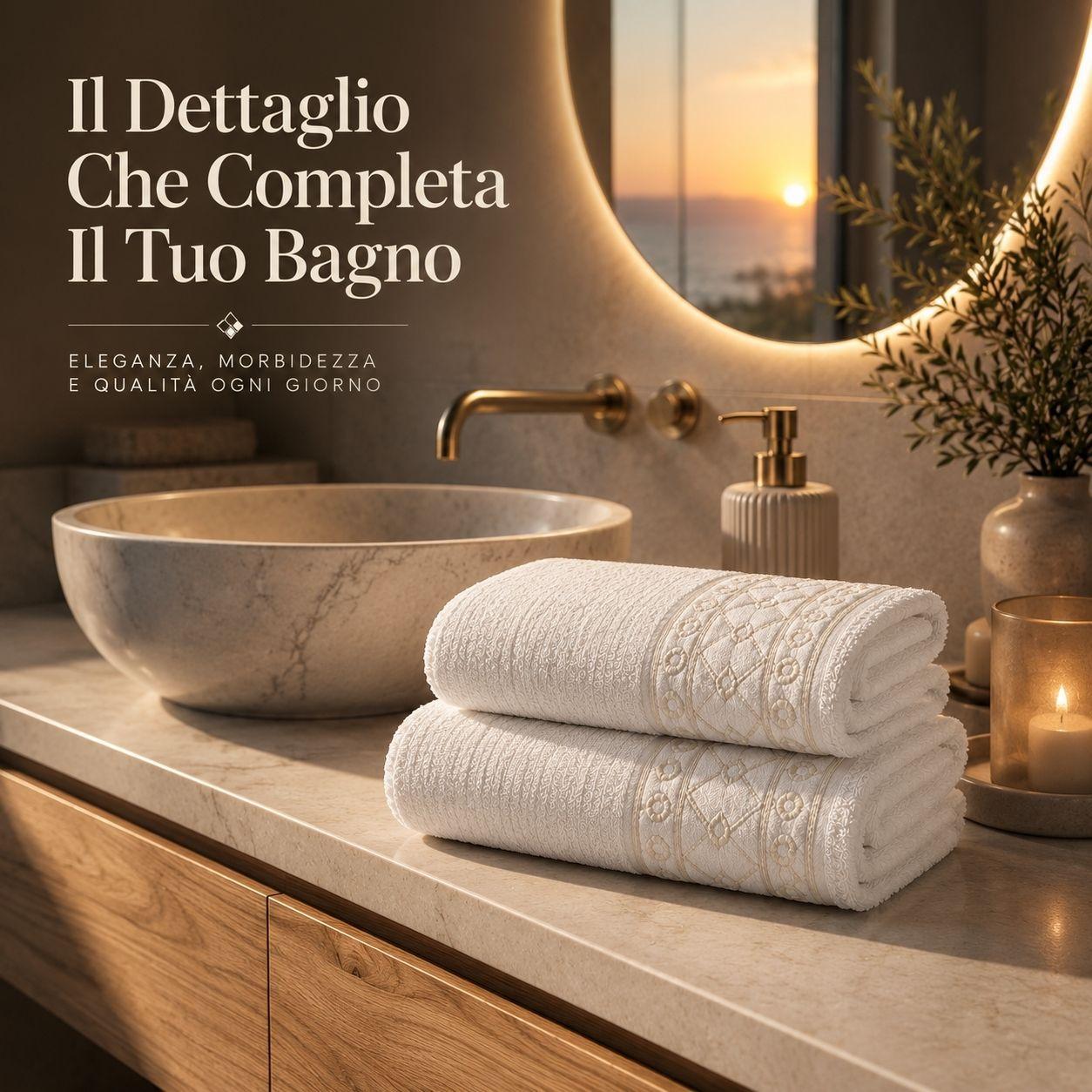 Asciugamani jacquard beige naturale su mobile con accessori