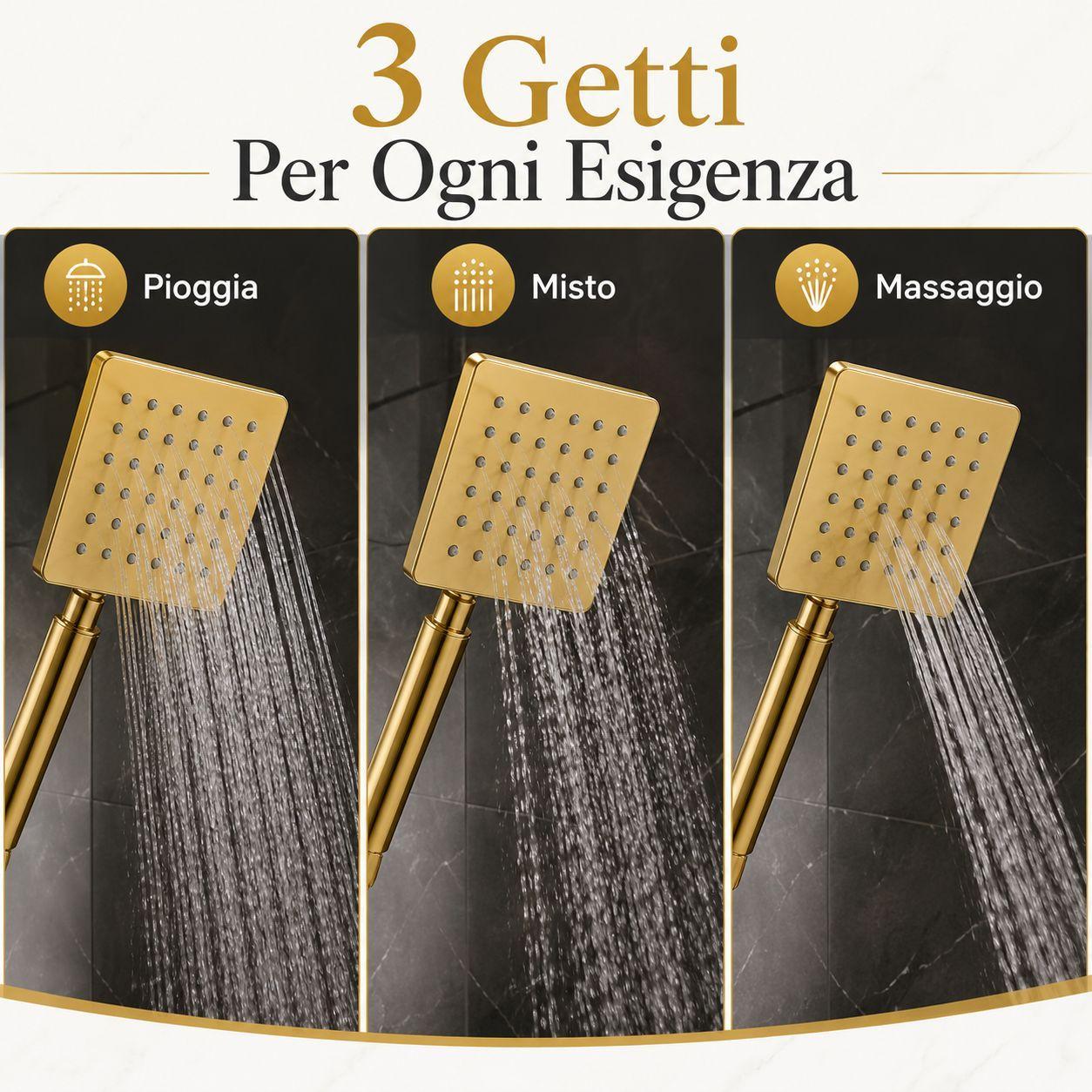 Tre modalità di erogazione: Pioggia, Misto, Massaggio - illustrazioni comparative