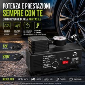 Compressore d'aria portatile  a doppio cilindro con manometro analogico