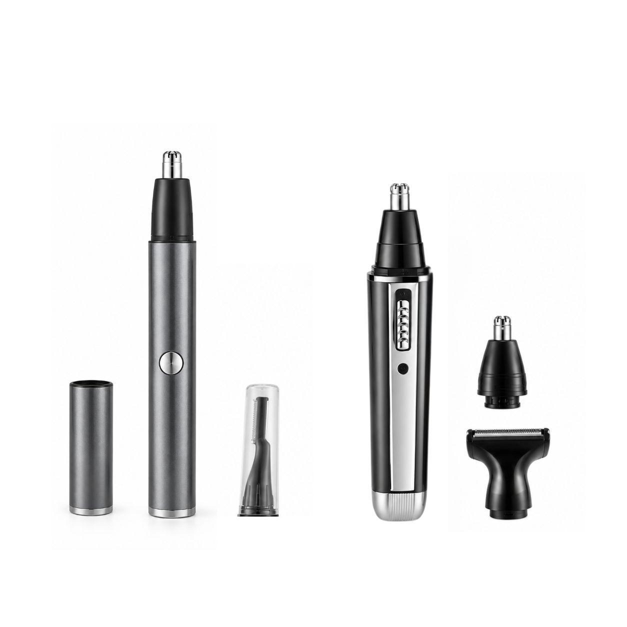 Teste intercambiabili e due epilatori trimmer di diverse forme con accessori