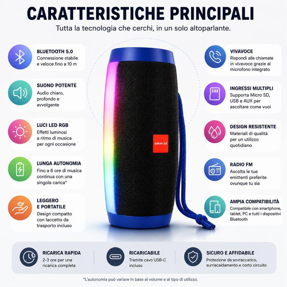  cassa altoparlante bluetooth portatile con luci led rgb – speaker wireless ricaricabile - foto 3