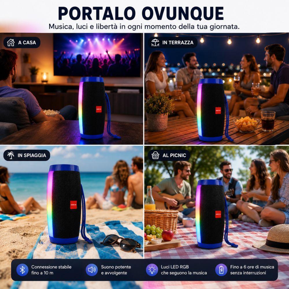  cassa altoparlante bluetooth portatile con luci led rgb – speaker wireless ricaricabile - foto 4