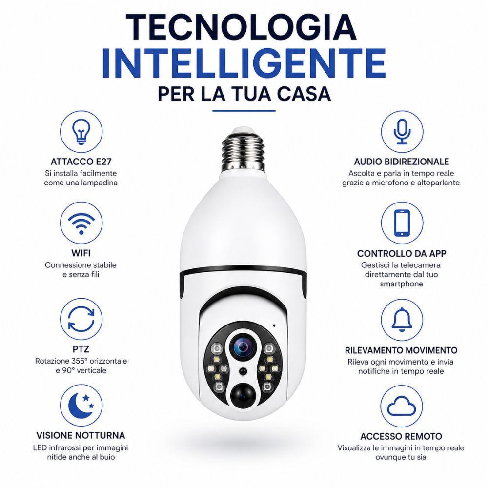 Schema infografico con telecamera e icone delle caratteristiche: attacco E27, WiFi, visione notturna, audio bidirezionale, controllo da app, registrazione