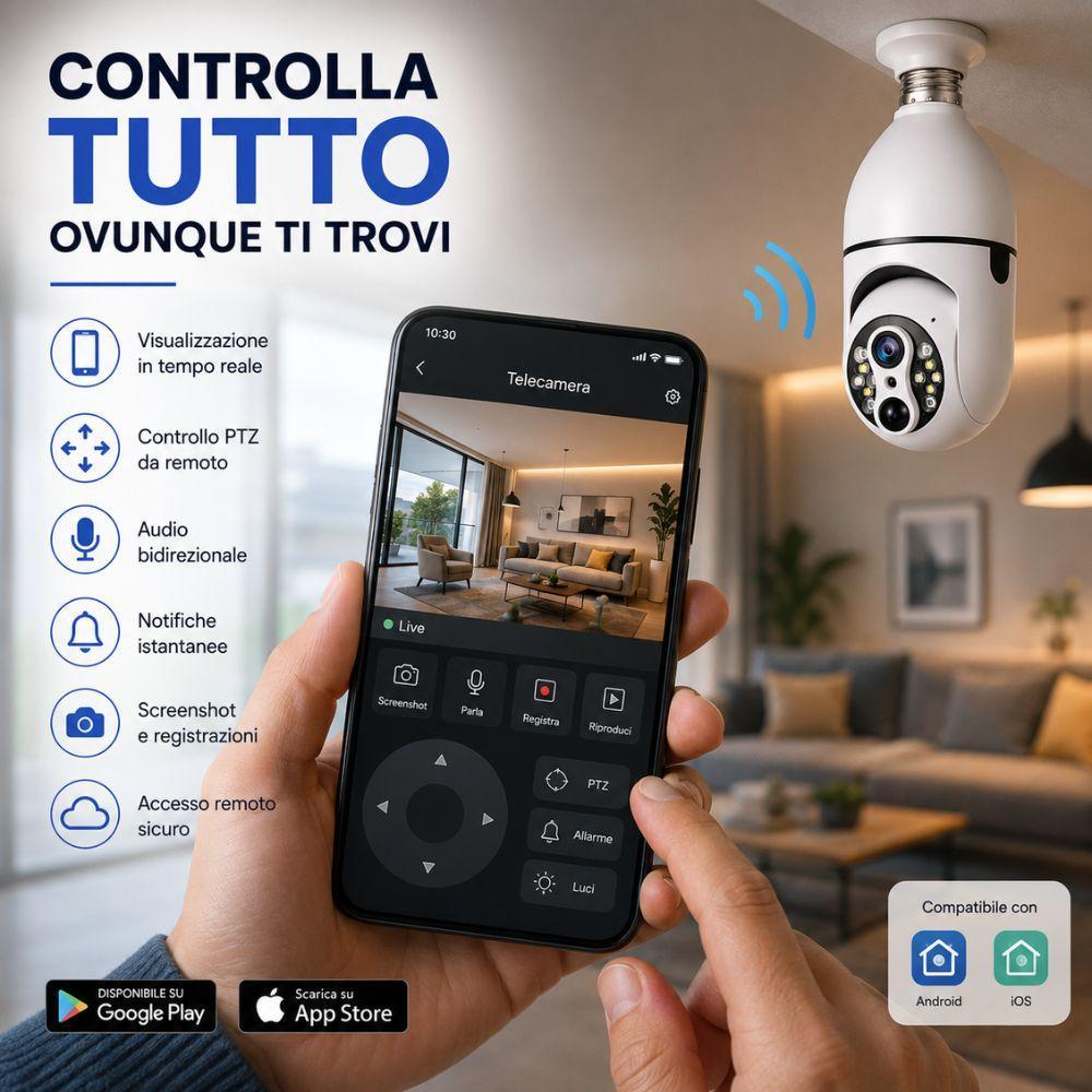 Smartphone con app di controllo aperta, feed video telecamera e icone funzionalità: visualizzazione tempo reale, PTZ, audio bidirezionale, notifiche, registrazione.