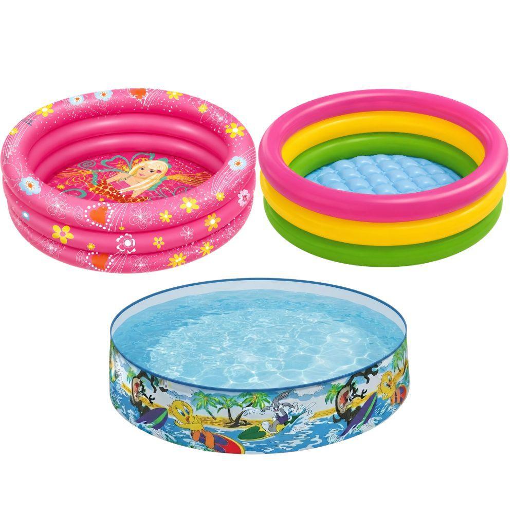 piscina fuori terra per giardino, terrazzo e spazi esterni - foto 1 Confronto tre piscine gonfiabili: rosa con stampe, arcobaleno, blu con cartoon
