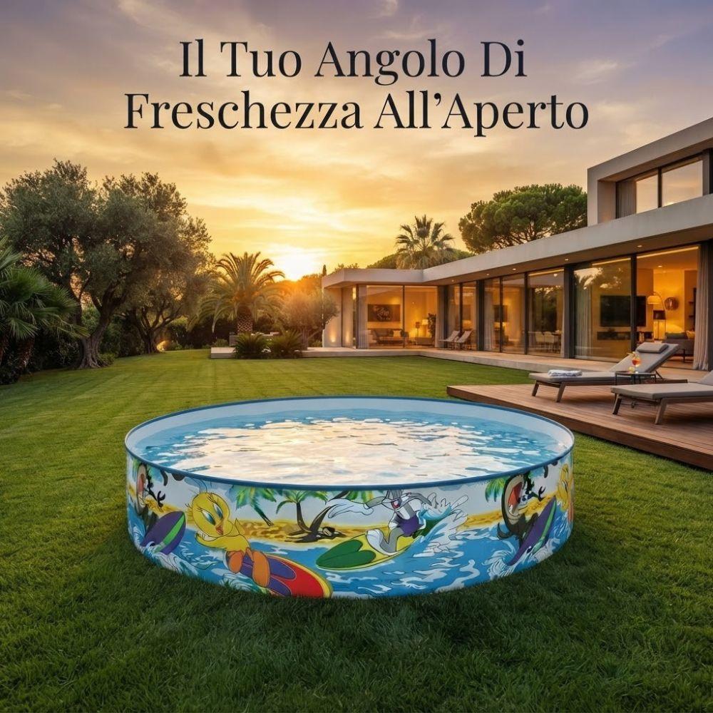 piscina fuori terra per giardino, terrazzo e spazi esterni - foto 3 Piscina fuori terra in giardino al tramonto con decor cartoon, ambientazione d'uso residenziale