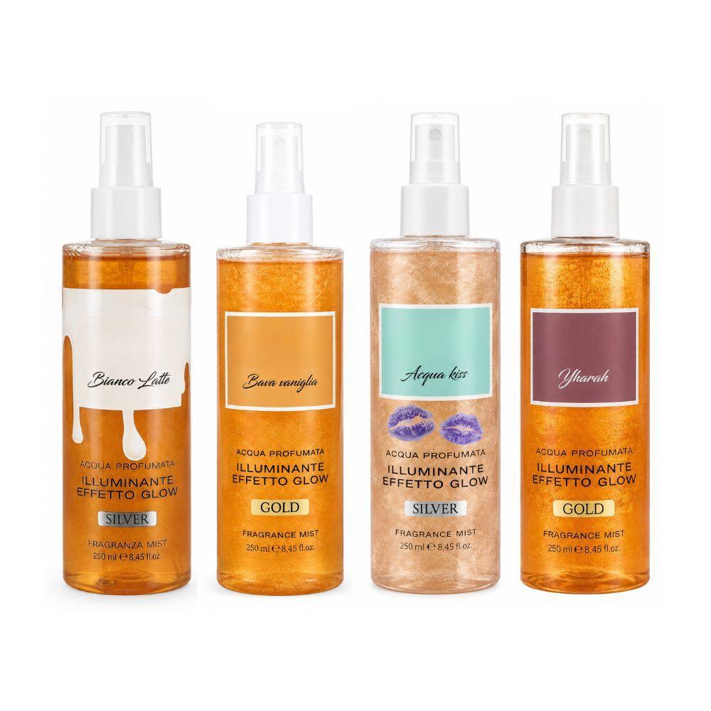 Quattro flaconi spray con etichette colorate di Acqua Profumata Illuminante Effetto Glow 250ml