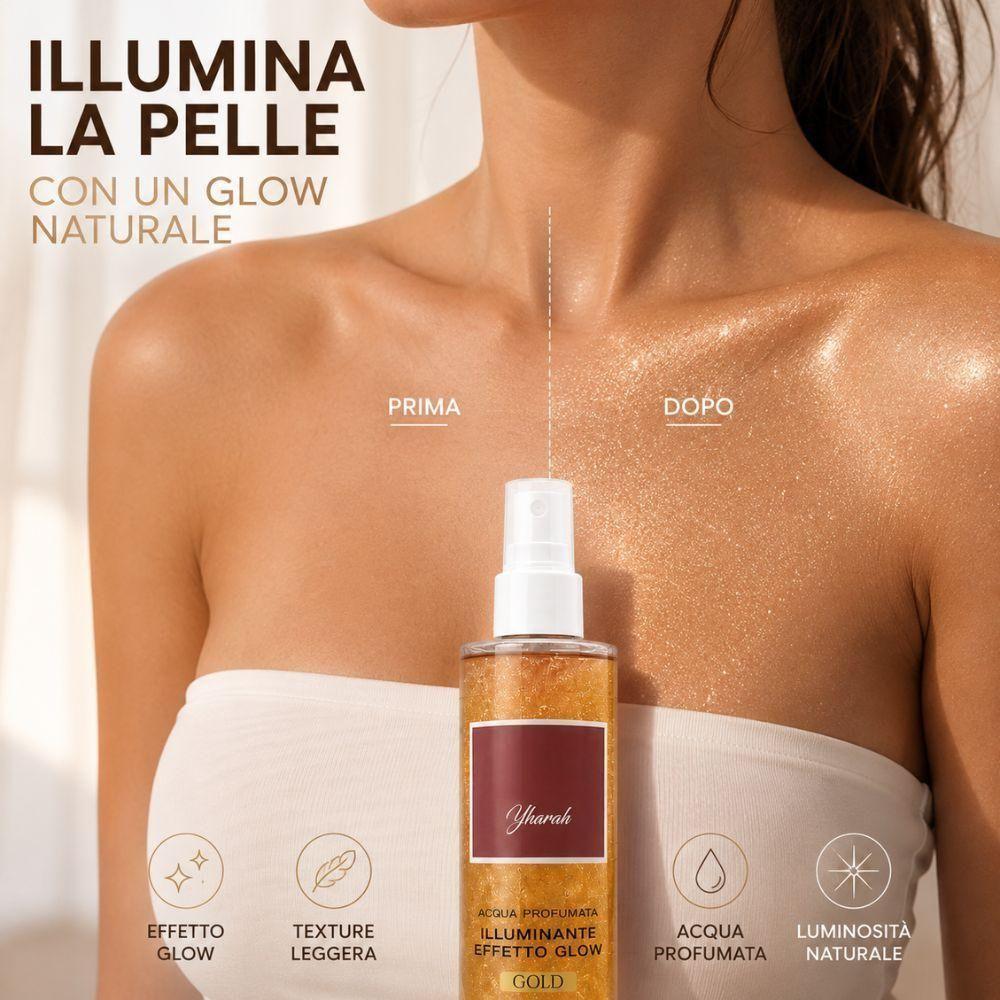 Prodotto in uso sulla pelle illuminata di donna con icone benefici: effetto glow, leggerezza e rassodanza