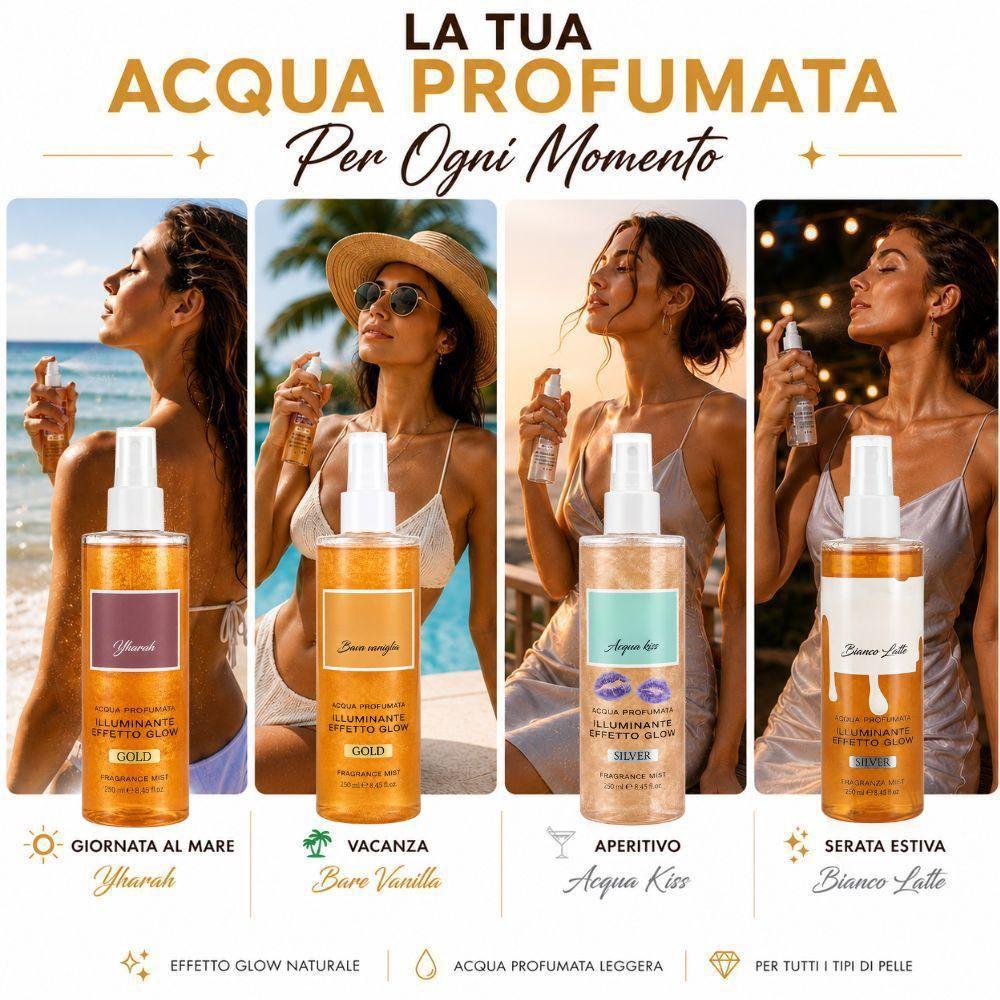 Quattro donne indossano il prodotto in momenti diversi della giornata: mattina, vacanza, aperitivo e sera con flaconi