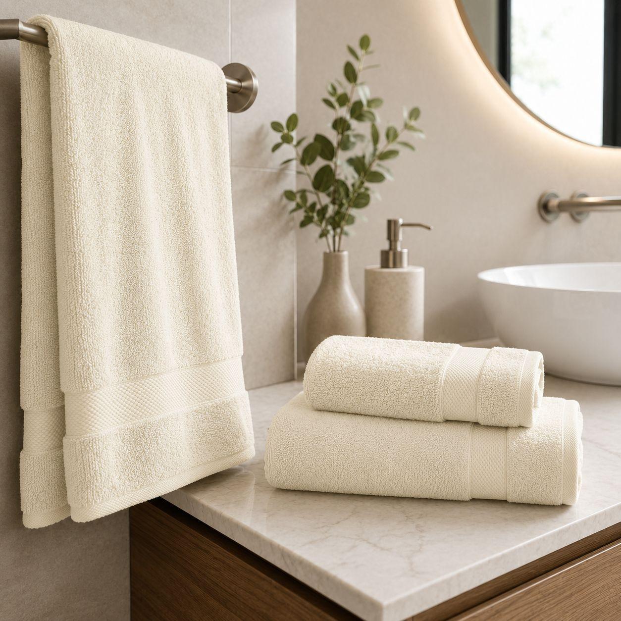 Asciugamani spugna color avorio su porta asciugamani in bagno minimalista