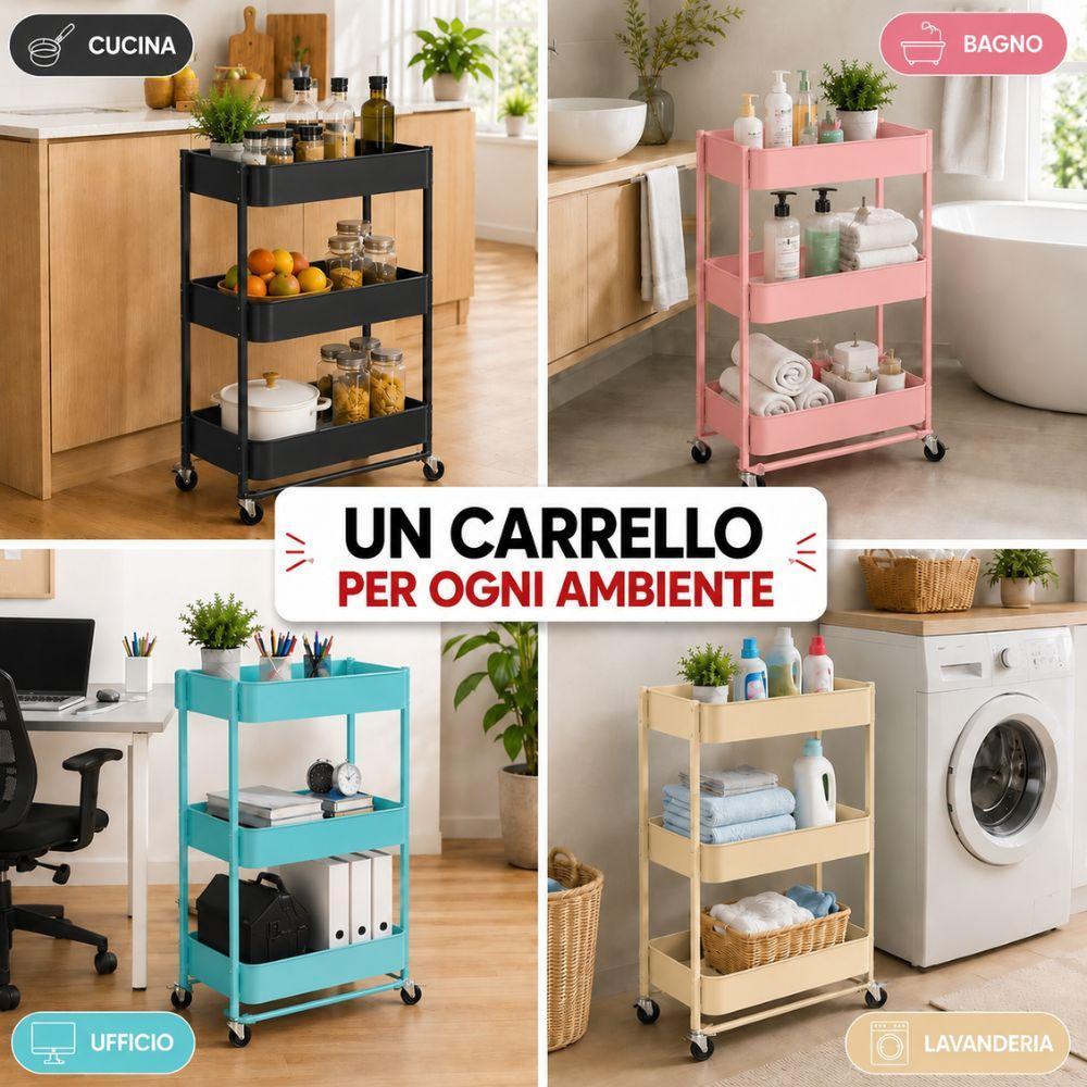 carrello multiuso pieghevole in metallo 3 ripiani con ruote 47x41x78 cm - foto 2 Carrello in uso in cucina, camera, bagno e lavanderia