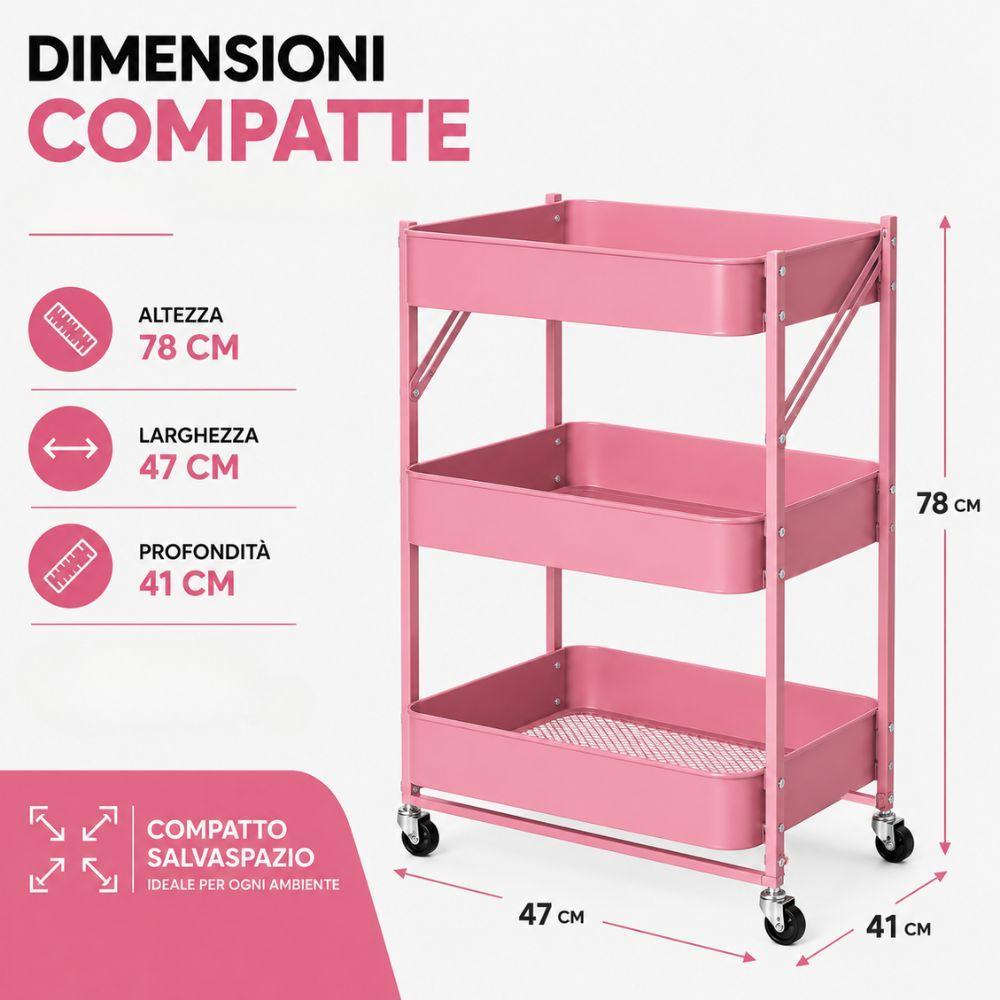 carrello multiuso pieghevole in metallo 3 ripiani con ruote 47x41x78 cm - foto 3 Infografica dimensioni: altezza 78 cm, larghezza 47 cm, profondità 41 cm
