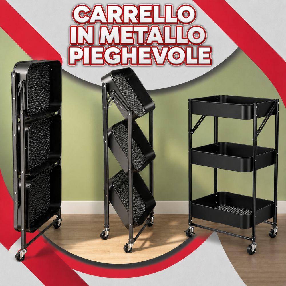 carrello multiuso pieghevole in metallo 3 ripiani con ruote 47x41x78 cm - foto 4 Tre carrelli neri in sequenza: piegato, semipiegato, aperto per illustrare il meccanismo di pieghevolezza