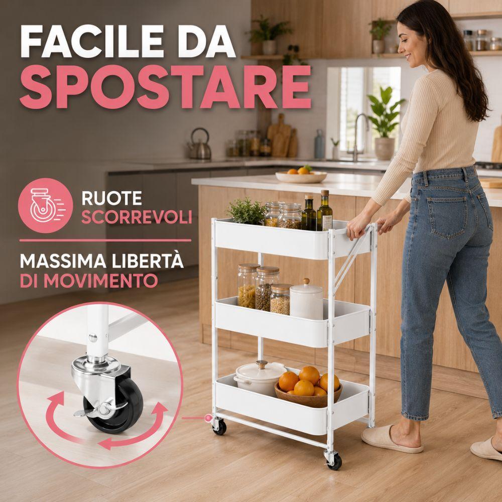 carrello multiuso pieghevole in metallo 3 ripiani con ruote 47x41x78 cm - foto 5 Carrello pieghevole metallo 3 ripiani con ruote, vista dettaglio struttura