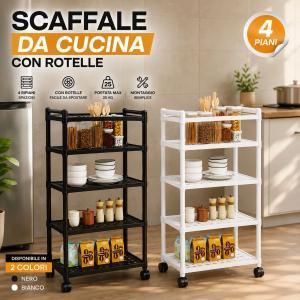 Scaffale multiuso a 4 ripiani con rotelle portaoggetti salvaspazio in plastica resistente