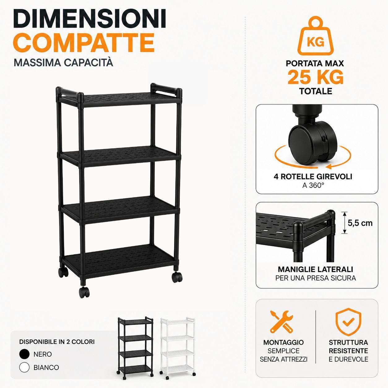 scaffale multiuso a 4 ripiani con rotelle portaoggetti salvaspazio in plastica resistente - foto 4 Scaffale 4 ripiani: capacità 25 kg, ripiani a 36 cm, maniglie laterali, metallo, nero/bianco