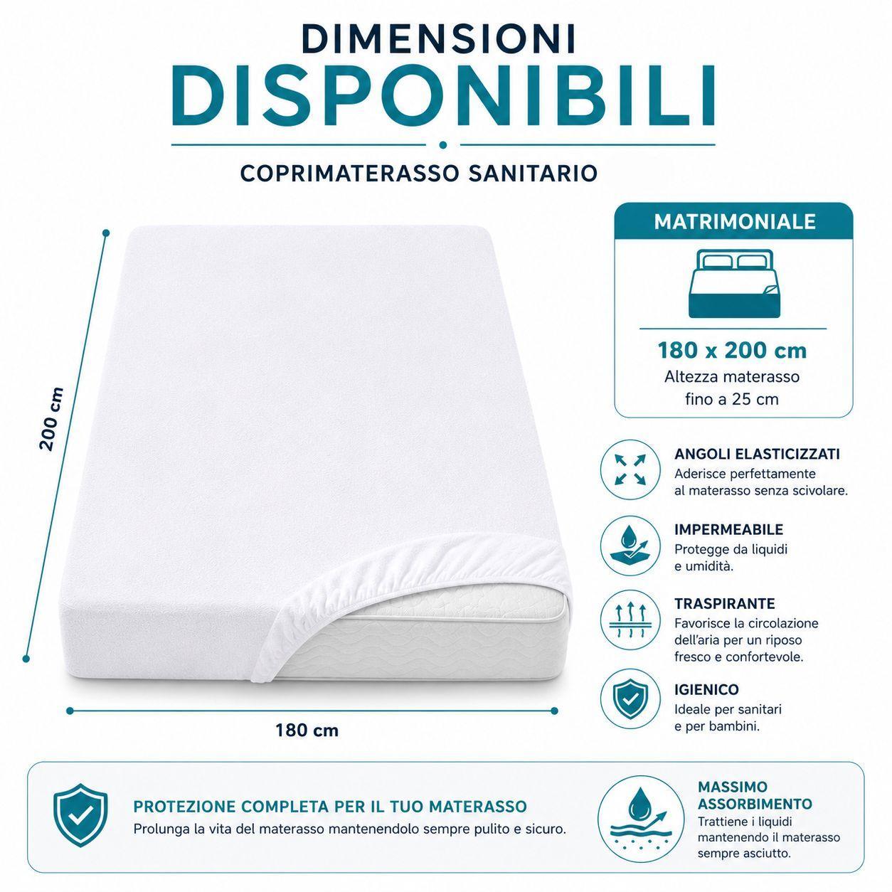 Coprimaterasso sanitario con angoli elasticizzati, vista frontale dettaglio stoffa