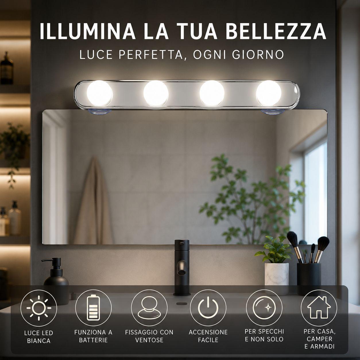  lampada led per specchio con 4 luci a batterie e fissaggio con ventose - foto 2