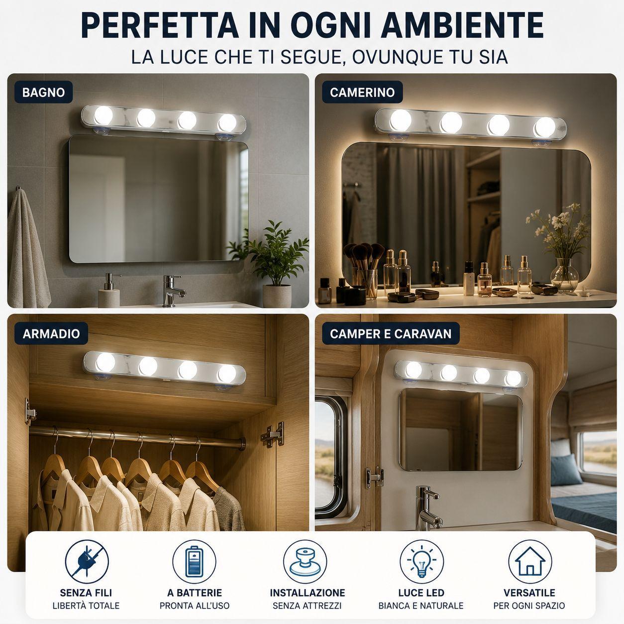  lampada led per specchio con 4 luci a batterie e fissaggio con ventose - foto 4